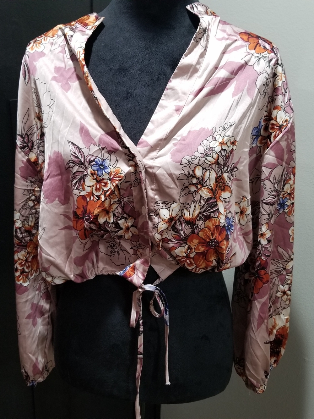Jon & Anna Pink Floral Tie-Front Button Down Blouse